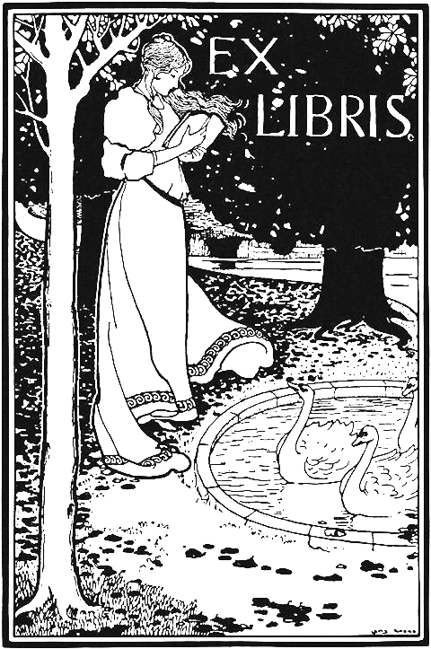 Ex-Libris with Swans | Old Book Illustrations Bookplate design showing a woman standing in a park, with a book in her hands, by a small pond in which three swans are swimming.